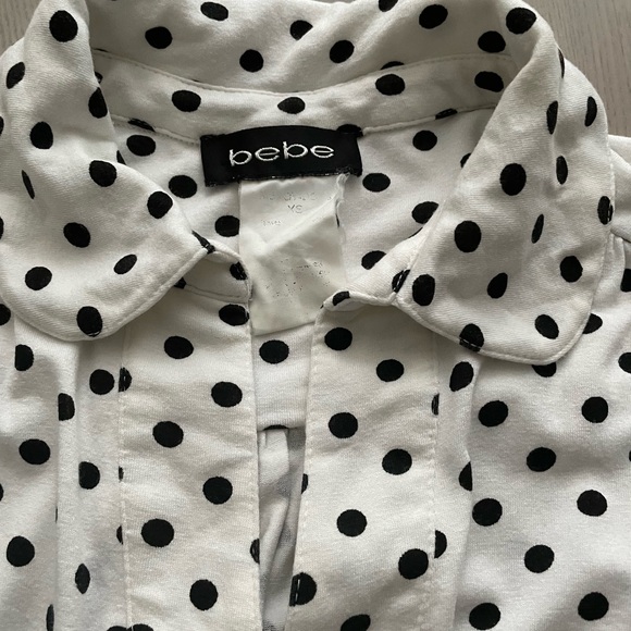 BEBE Black and White Polka Dot Button Up Midi Dress with Waist Tie - Picture 4 of 7